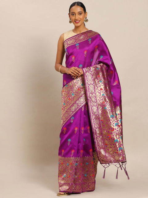 

Mitera Purple & Gold-Toned Woven Design Zari Silk Blend Banarasi Saree