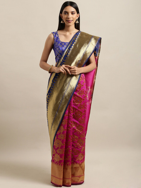

Mitera Blue & Pink Floral Zari Silk Blend Banarasi Saree