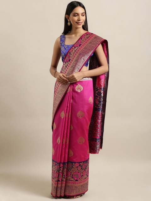 

Mitera Pink & Gold-Toned Woven Design Zari Silk Blend Banarasi Saree