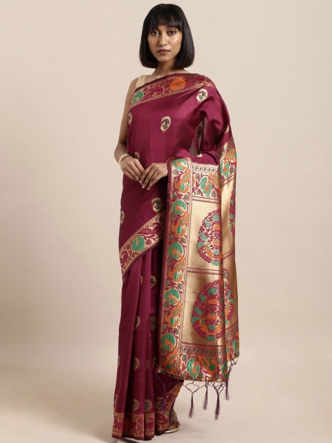 

Mitera Burgundy & Green Woven Design Zari Silk Blend Banarasi Saree