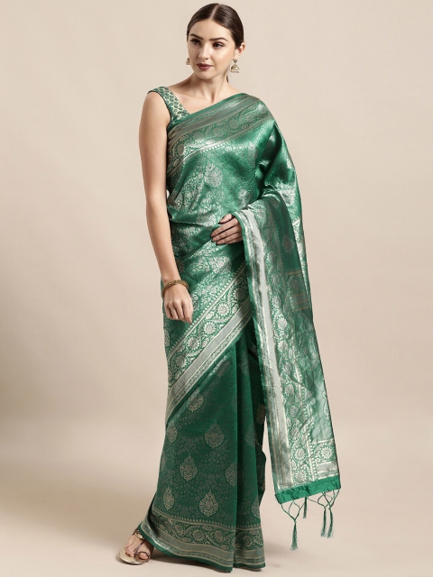 

Mitera Green & Silver Ethnic Motifs Zari Silk Blend Banarasi Saree