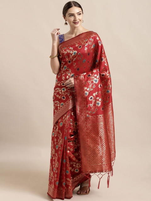 

Mitera Red & Blue Woven Design Zari Silk Blend Banarasi Saree