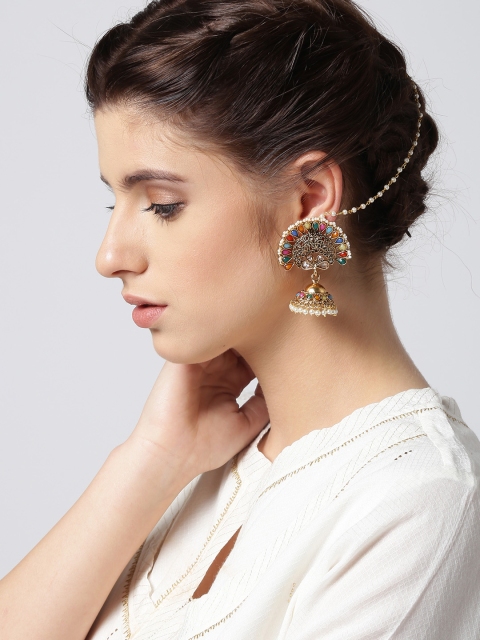 

PANASH Multicoloured Gold-Plated Stone-Studded Antique Jhumka Earrings, Multi