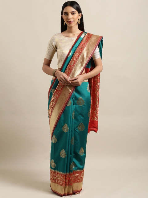 

Mitera Green & Red Woven Design Zari Silk Blend Banarasi Saree
