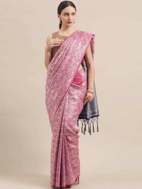 

Mitera Pink & Grey Woven Design Zari Silk Blend Banarasi Saree