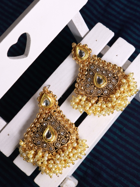 

PANASH Gold-Plated Stone-Studded Antique Drop Earrings