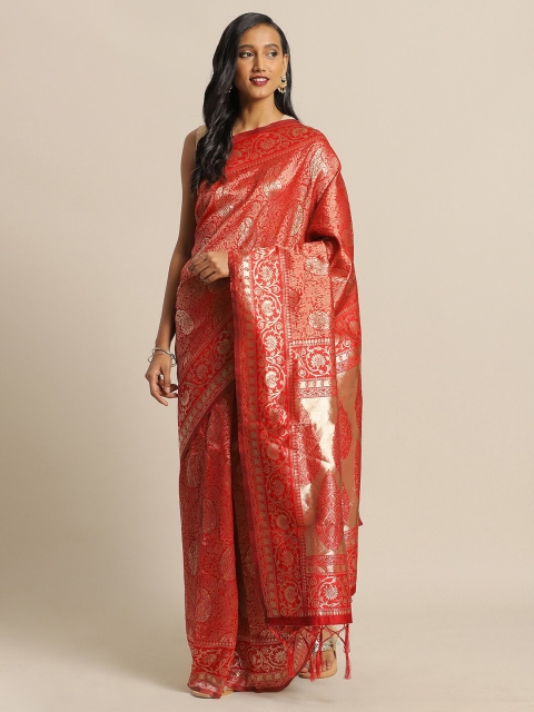 

Mitera Red & Gold-Toned Ethnic Motifs Silk Blend Banarasi Saree