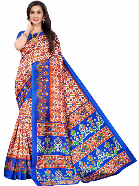 

AADVIKA Orange & Blue Floral Art Silk Mysore Silk Saree