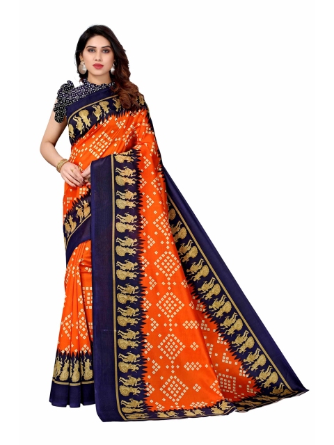 

AADVIKA Orange & Navy Blue Floral Art Silk Mysore Silk Saree