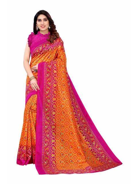 

AADVIKA Orange & Fuchsia Floral Printed Art Silk Mysore Silk Saree