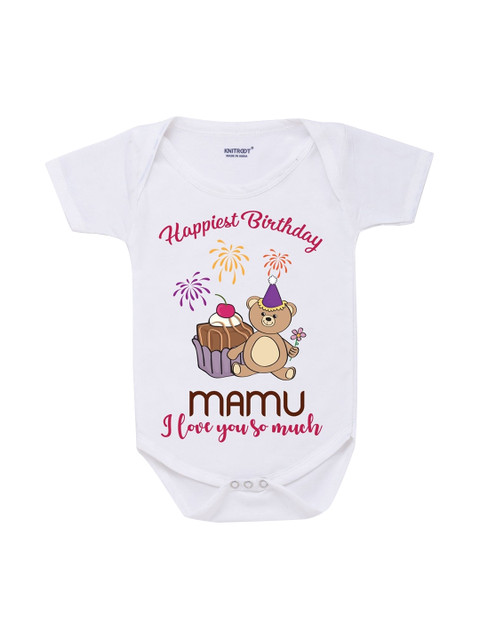 

KNITROOT Kids White & Pink Birthday Mamu Printed Cotton Rompers