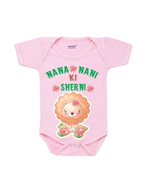 

KNITROOT Unisex Kids White Printed Cotton Bodysuit, Pink