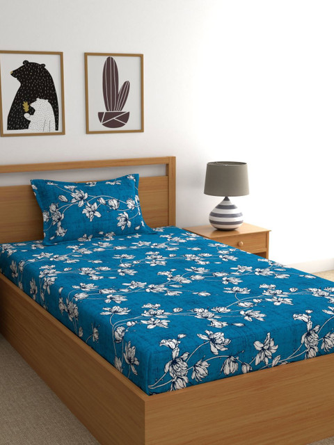 

Dreamscape Blue & White Floral 144 TC Cotton Single Bedsheet with 1 Pillow Covers