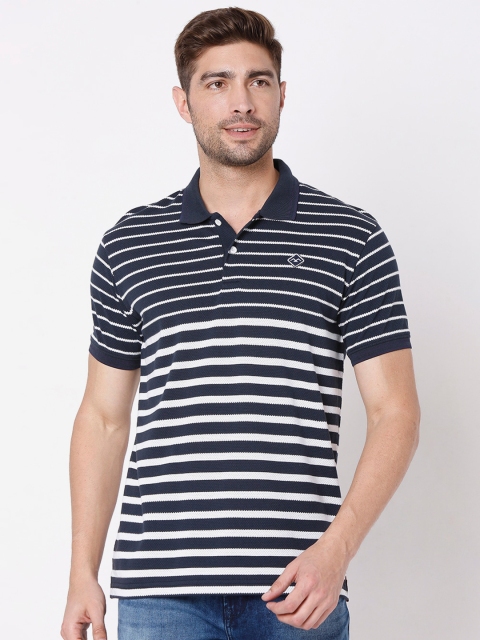 

Mufti Men Navy Blue Striped Polo Collar Cotton Slim Fit T-shirt