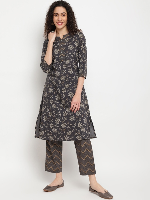 

IMARA Women Grey Floral Printed Kurti with Trousers