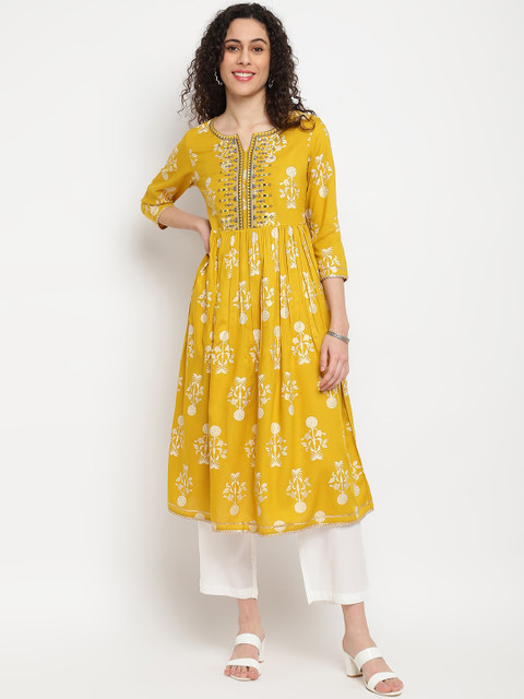 

IMARA Women Mustard Yellow Ethnic Motifs Printed Kurta with Trousers