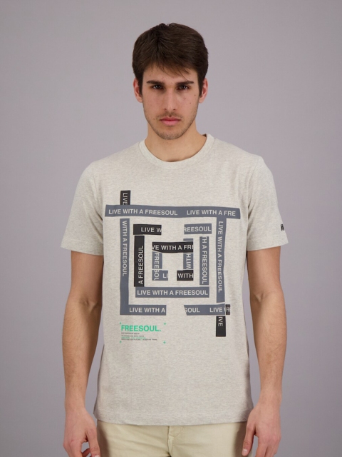 

FREESOUL Men Grey Melange Graphic Printed Cotton T-shirt