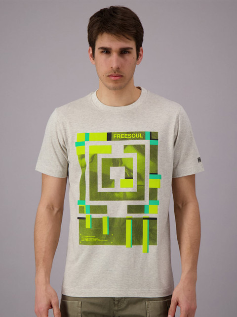

FREESOUL Men Grey Melange & Green Printed T-shirt
