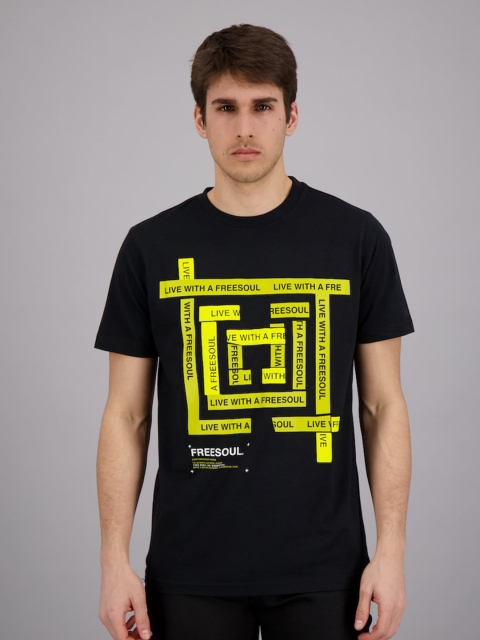 

FREESOUL Men Black & Yellow Typography Printed Cotton T-shirt