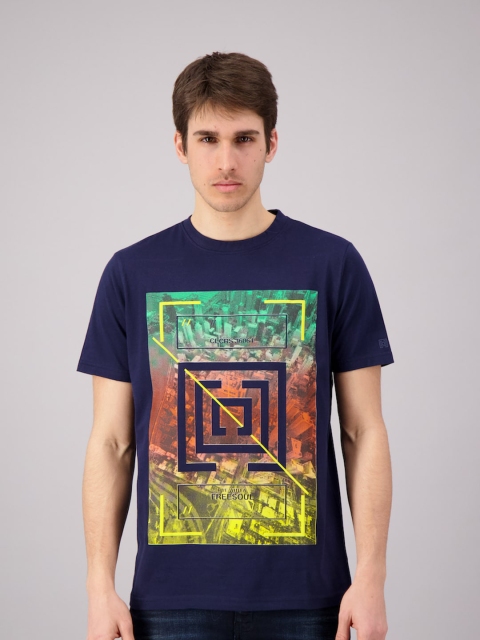

FREESOUL Men Navy Blue Printed Pure Cotton T-shirt