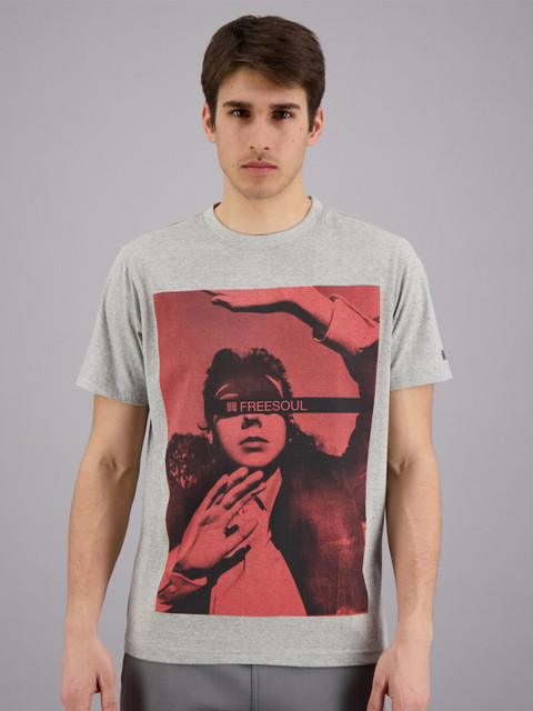 

FREESOUL Men Grey Melange Graphic Printed T-shirt