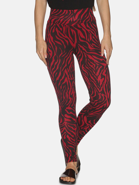 

OHA BOY Women Red & Black Animal Printed Pure Cotton Ankle-Length Leggings