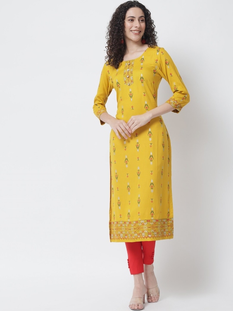 

Tulsattva Women Mustard Yellow Floral Embroidered Mirror Work Block Print Kurta