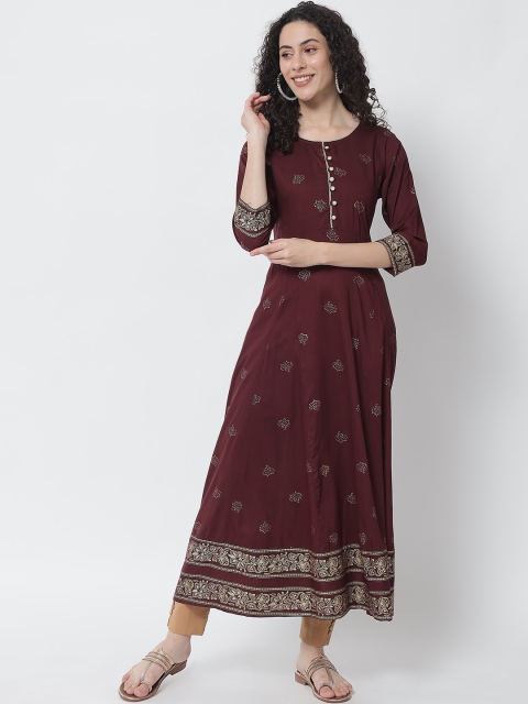 

Tulsattva Women Maroon Floral Embroidered Thread Work Block Print Anarkali Kurta