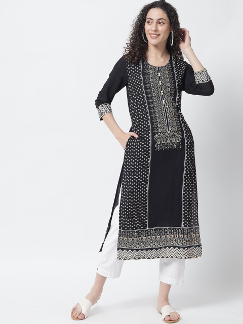 

Tulsattva Women Black Geometric Round Neck Regular A-Line Block Print Kurta