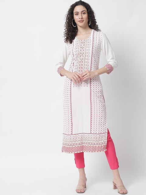 

Tulsattva Women Off White Geometric Embroidered Thread Work Block Print Kurta