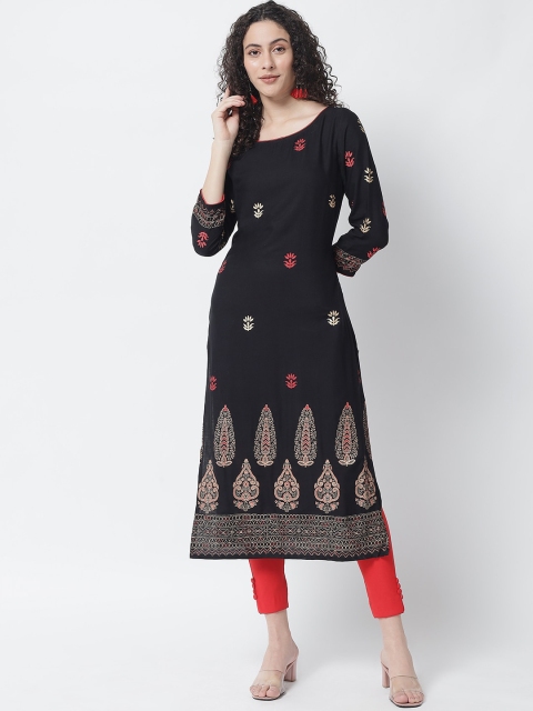 

Tulsattva Women Black Ethnic Motifs Embroidered Block Print Rayon Kurta