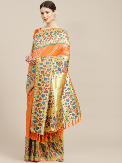 

Satrani Orange & Golden Floral Woven Design Paithani Saree
