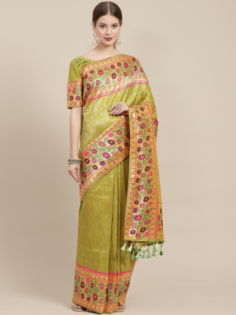 

Satrani Lime Green & Golden Floral Woven Design Paithani Saree