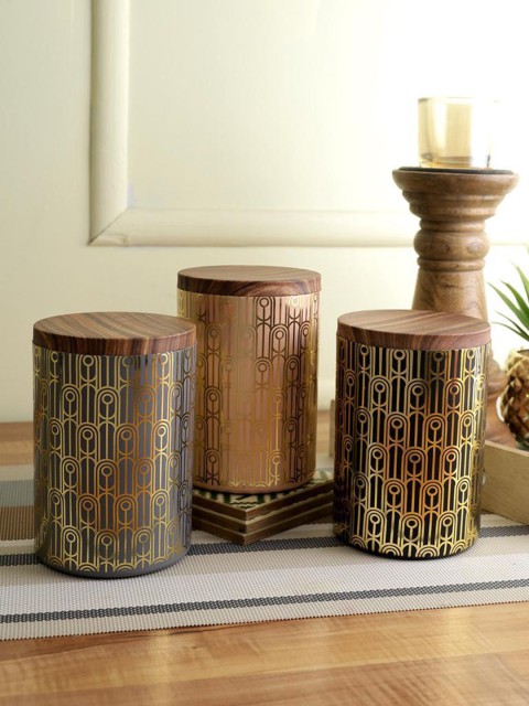 

NANI Set of 3 Assorted Gold Printed Plastic Storage Jars with Wooden Lids