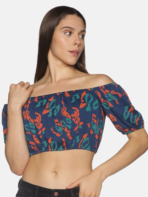 

OHA BOY Women Blue Printed Off-Shoulder Crop Top
