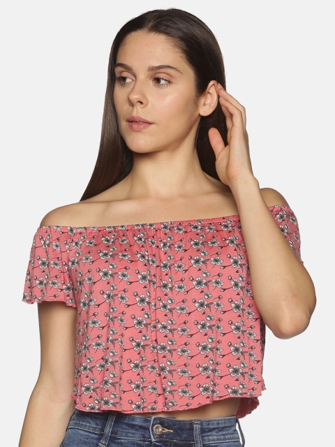 

OHA BOY Pink Floral Print Off-Shoulder Crop Top