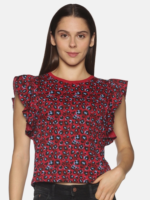 

OHA BOY Red Animal Print Pure Cotton Crop Top