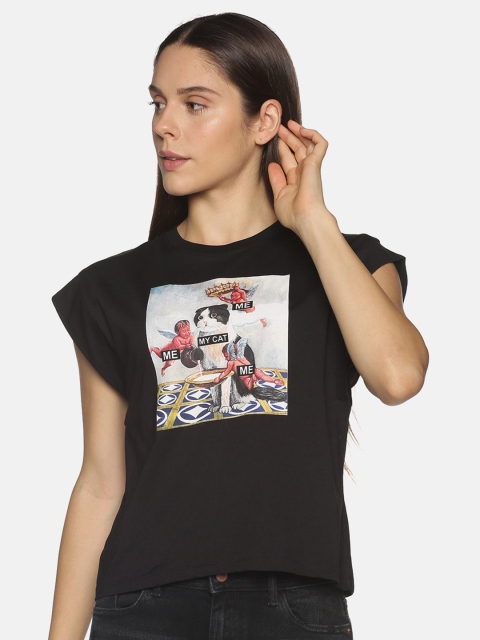 

OHA BOY Black Print Extended Sleeves Pure Cotton Regular Top