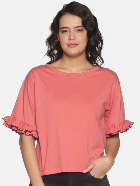 

OHA BOY Pink Solid Flared Sleeves Pure Cotton Regular Top