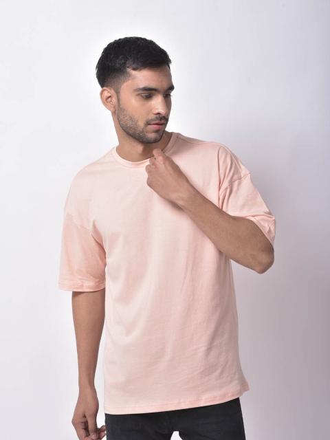 

Melangebox Men Peach-Coloured Pure Cotton Drop-Shoulder Sleeves T-shirt