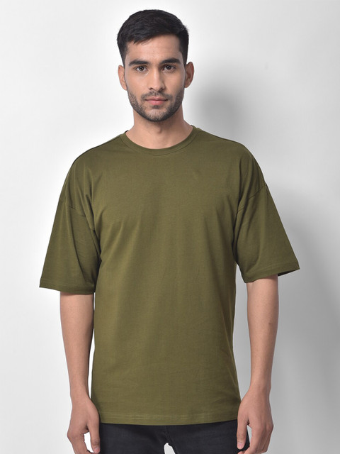 

Melangebox Men Olive Green Drop-Shoulder Sleeves T-shirt