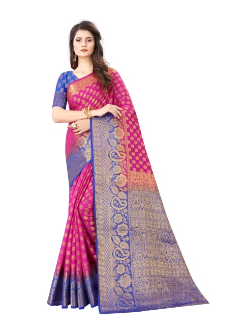 

SATYAM WEAVES Pink & Blue Woven Design Silk Cotton Banarasi Saree
