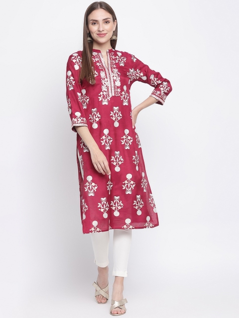 

IMARA Women Pink Floral Printed Mirror Work Straight Kurta