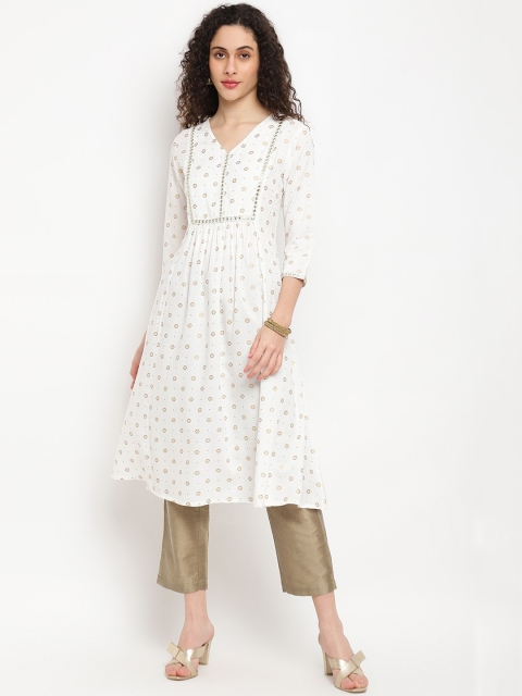 

IMARA Women Off White & Golden Printed Kurta