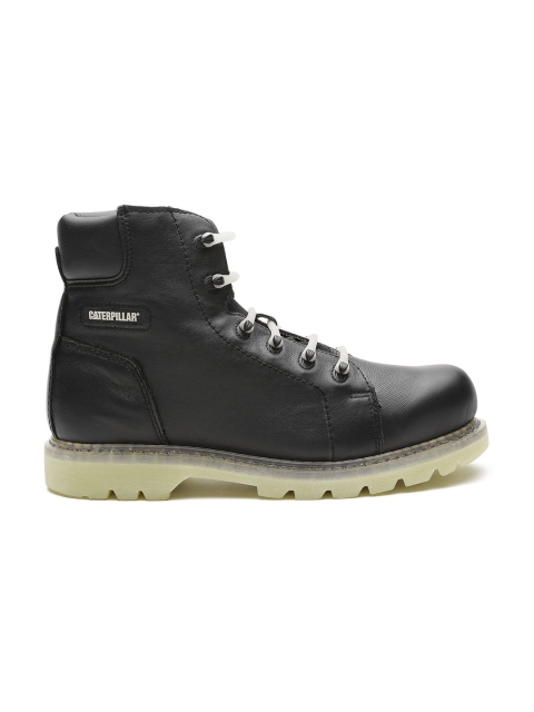 

CAT Men Black Solid Leather High-Top Flat Boots