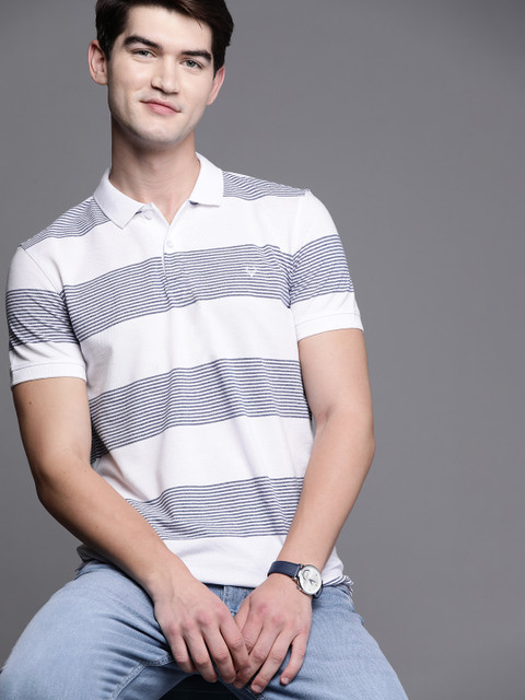 

Allen Solly Men White & Blue Pure Cotton Striped Polo Collar T-shirt