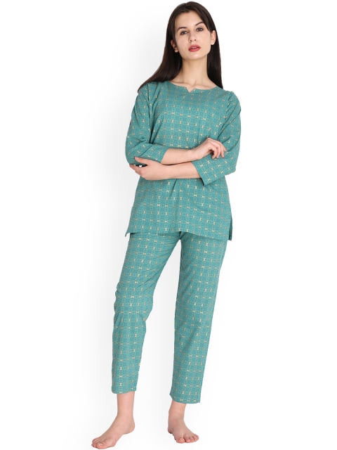 

Duchess Women Turquoise Blue & Golden Printed Pure Cotton Night Suit