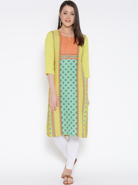 

Rangriti Women Yellow & Green Printed Straight Kurta