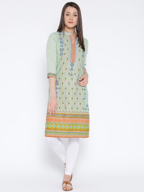 

Rangriti Women Green & Orange Printed Straight Kurta