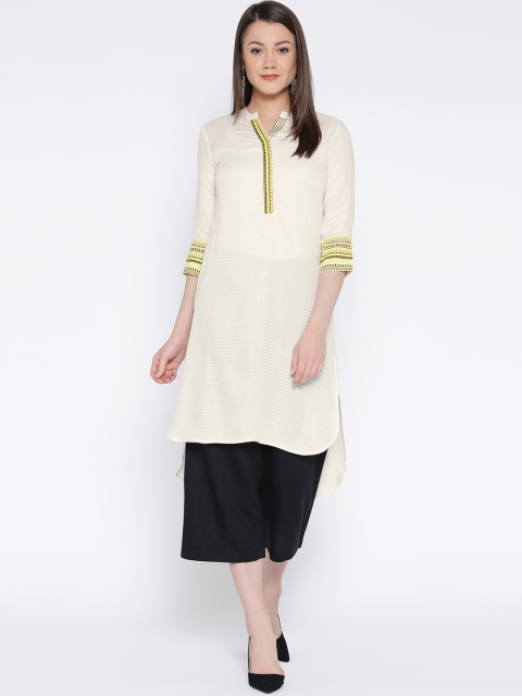 

Rangriti Women Off-White Woven Design Semi-Sheer Straight Kurta